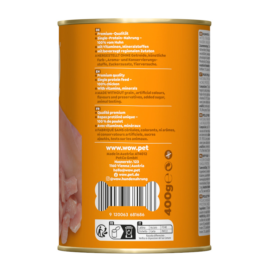 Pacote econômico com 12 latas de 400g de ração úmida Wow Food sabor frango puro para cães!