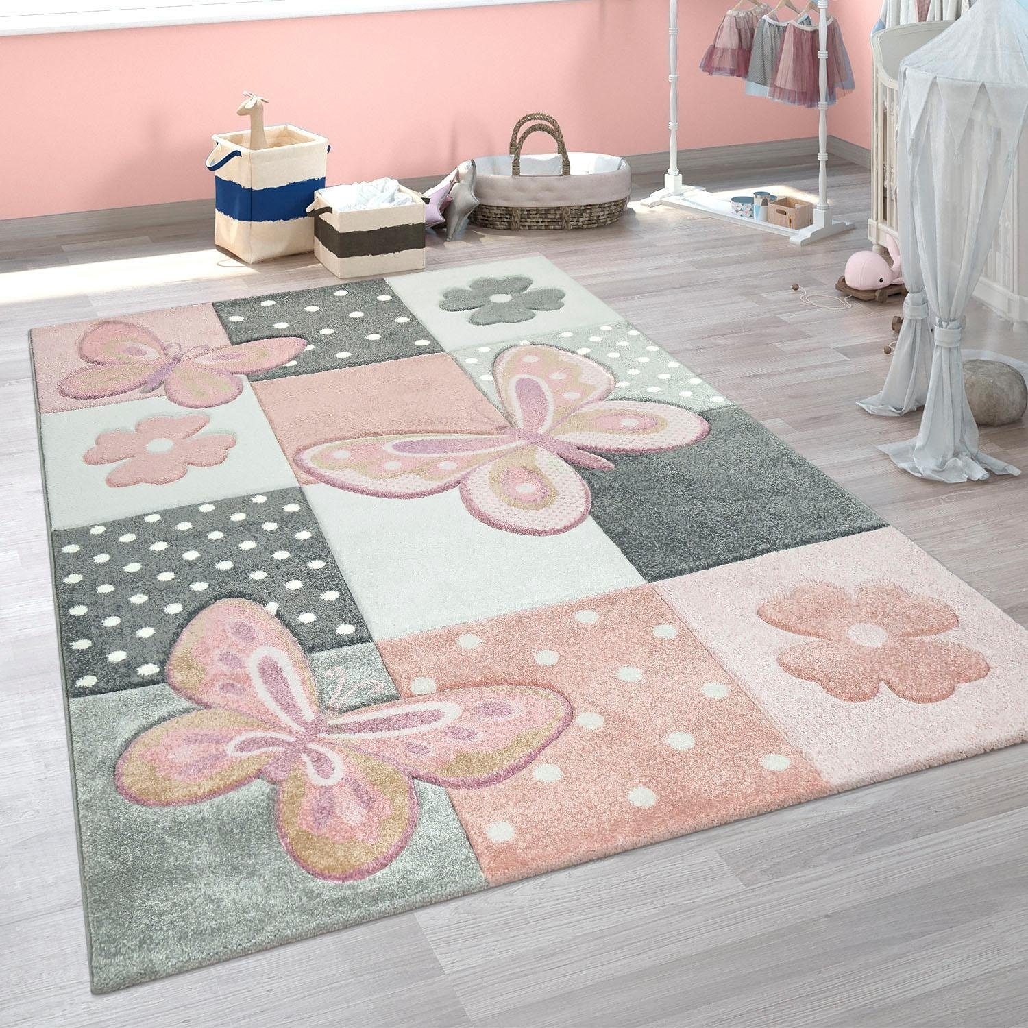 Paco Home Kinderteppich »Cosmo 220« rechteckig 12 mm Höhe 3D-Design, Patchwork Muster, niedliches Motiv Schmetterlinge & Punkte