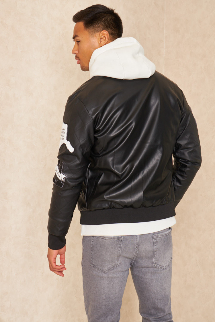 Bomber en simili cuir noir brodée 