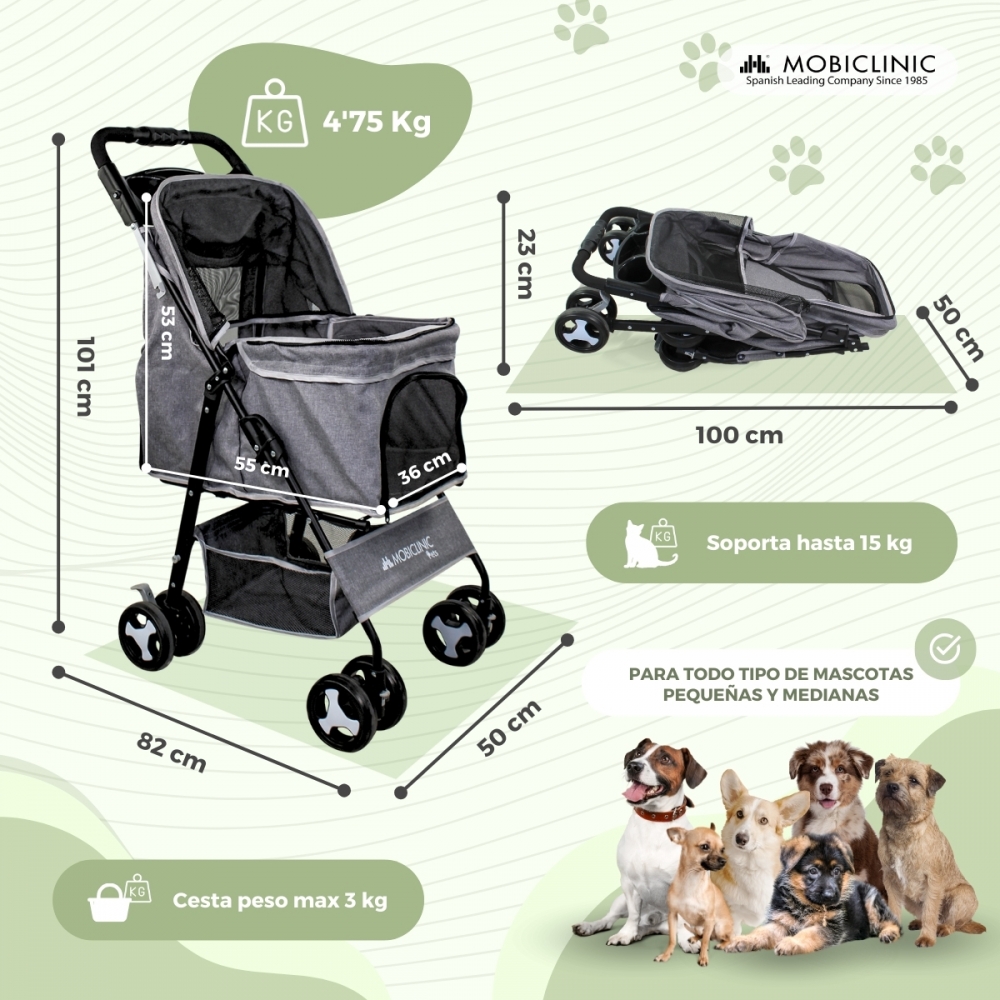 Carrinho dobrável para cães Mobiclinic com rodas giratórias 360°, freios, 3 pontos de acesso, capota, cesto de armazenamento e porta-copos, cinza.