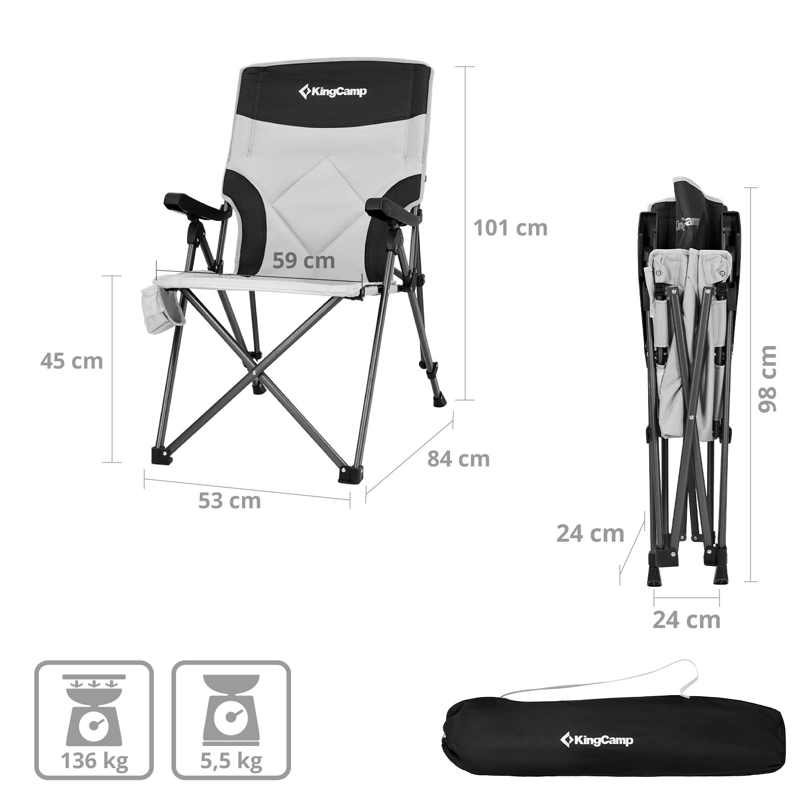 KINGCAMP Campingstuhl Pinedale Camping Klappstuhl Faltstuhl Stahl Verstellbar Farbe: Black/Light Grey