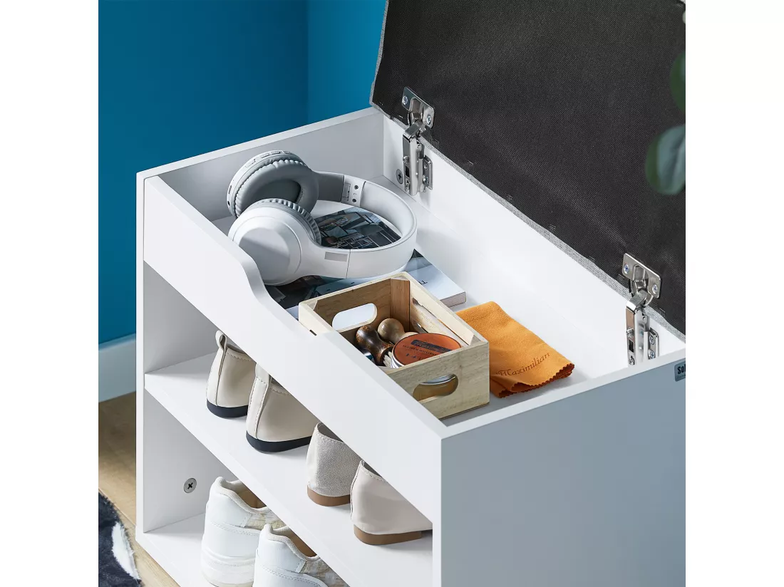 Banc de Rangement à chaussures 2 étages avec Grise coussin Commode à Chaussures blanc, FSR25-HG