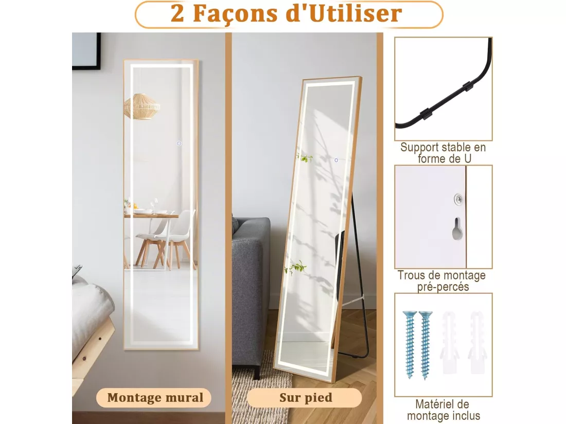 Miroir sur Pied Rectangulaire avec LED, Grand Miroir Mural avec Cadre en Aluminium 37x155 CM, Éclairage 3 Couleurs et Intensité Variable, Doré (Rectangulaire)