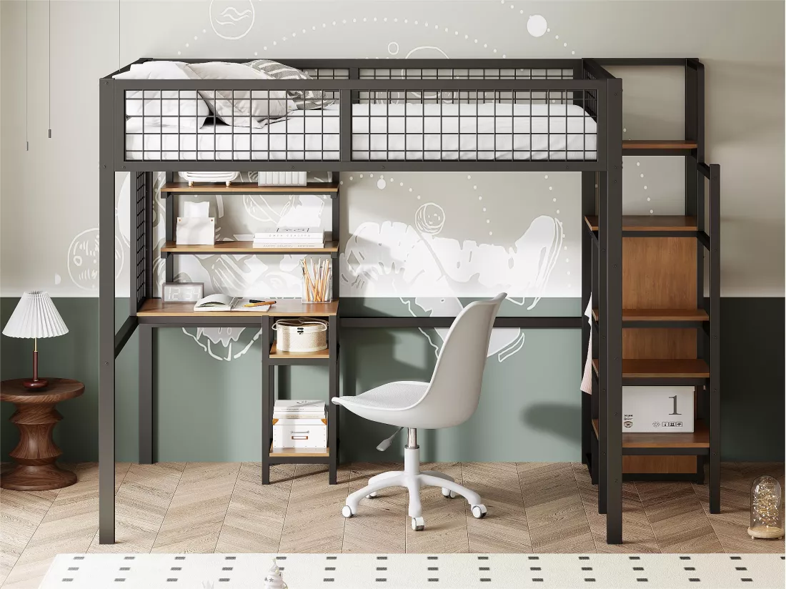 Lit mezzanine enfant 140x200 cm avec structure en fer - avec échelle de rangement、une penderie et un bureau - Noir