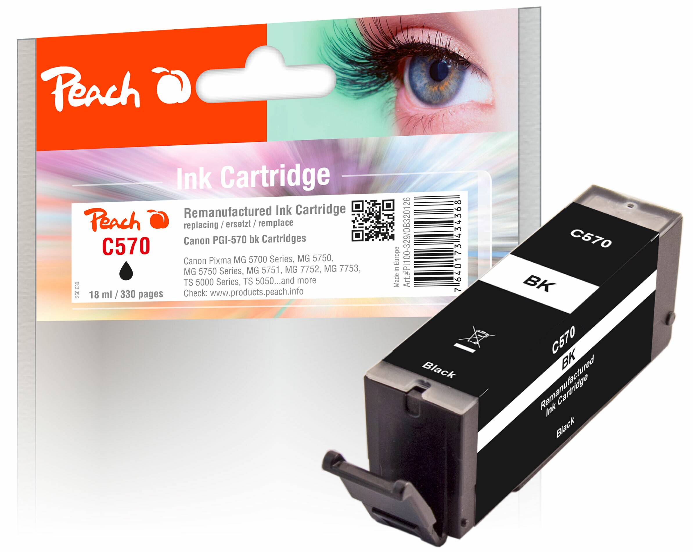 Peach C570 PGBK Druckerpatrone bk ersetzt Canon PGI-570PGBK, 0372C001 für z.B. Canon Pixma TS 5050, Canon Pixma TS 5055, Canon Pixma MG 5753 (wiederaufbereitet)