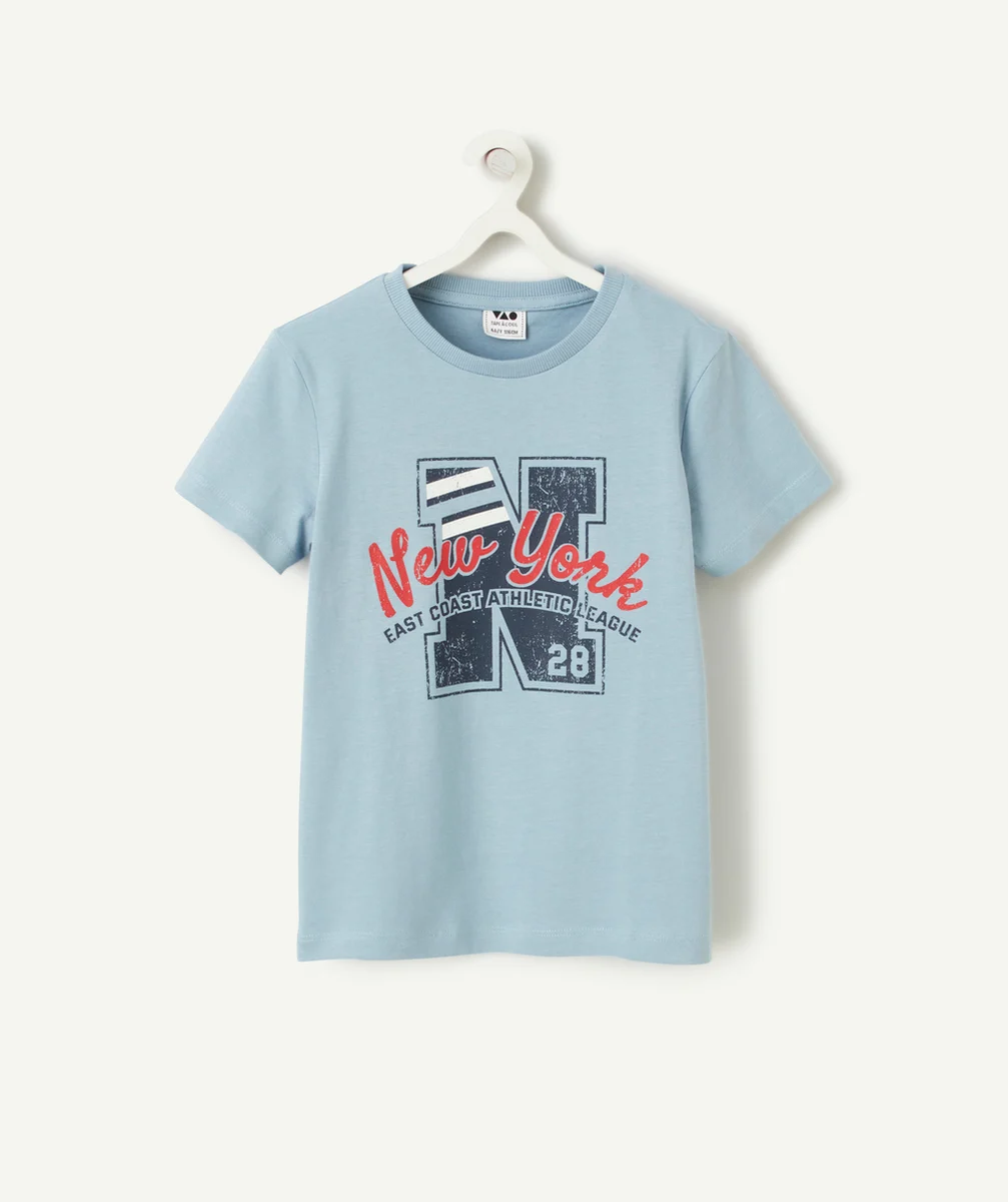 T-SHIRT GARÇON EN COTON BIO BLEU AVEC MESSAGES NEW YORK ET LETTRE