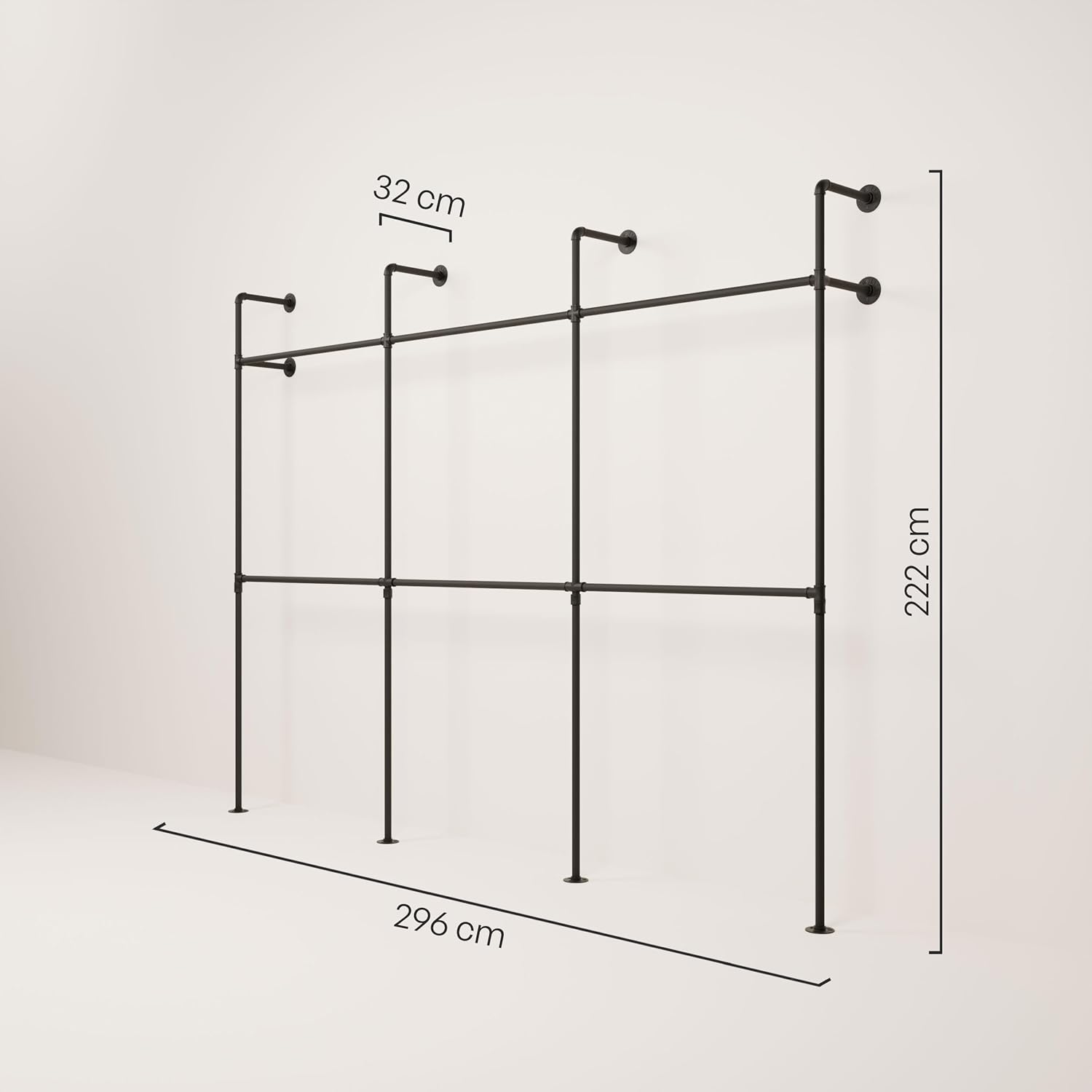 pamo Kleiderstange Wandmontage 296 x 222 cm - Begehbarer Kleiderschrank offen Kleiderständer industrial schwarz aus Metall Wasserrohren - 460 kg Traglast