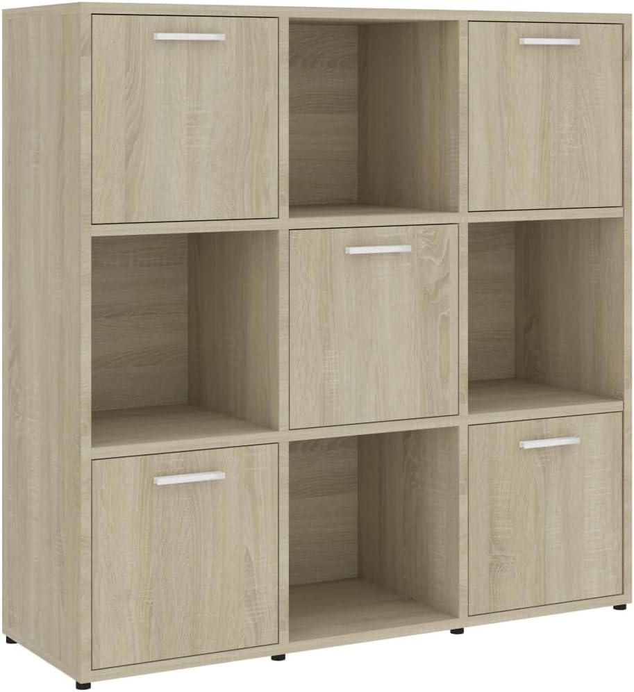Bücherregal 90x30x90 cm Sonoma Eiche Holzwerkstoff mit 9 Fächern, Davon 5 mit Türen, Robust & Langlebig, Moderner Stauraum Organizer für Living Room, Home Office und Flur