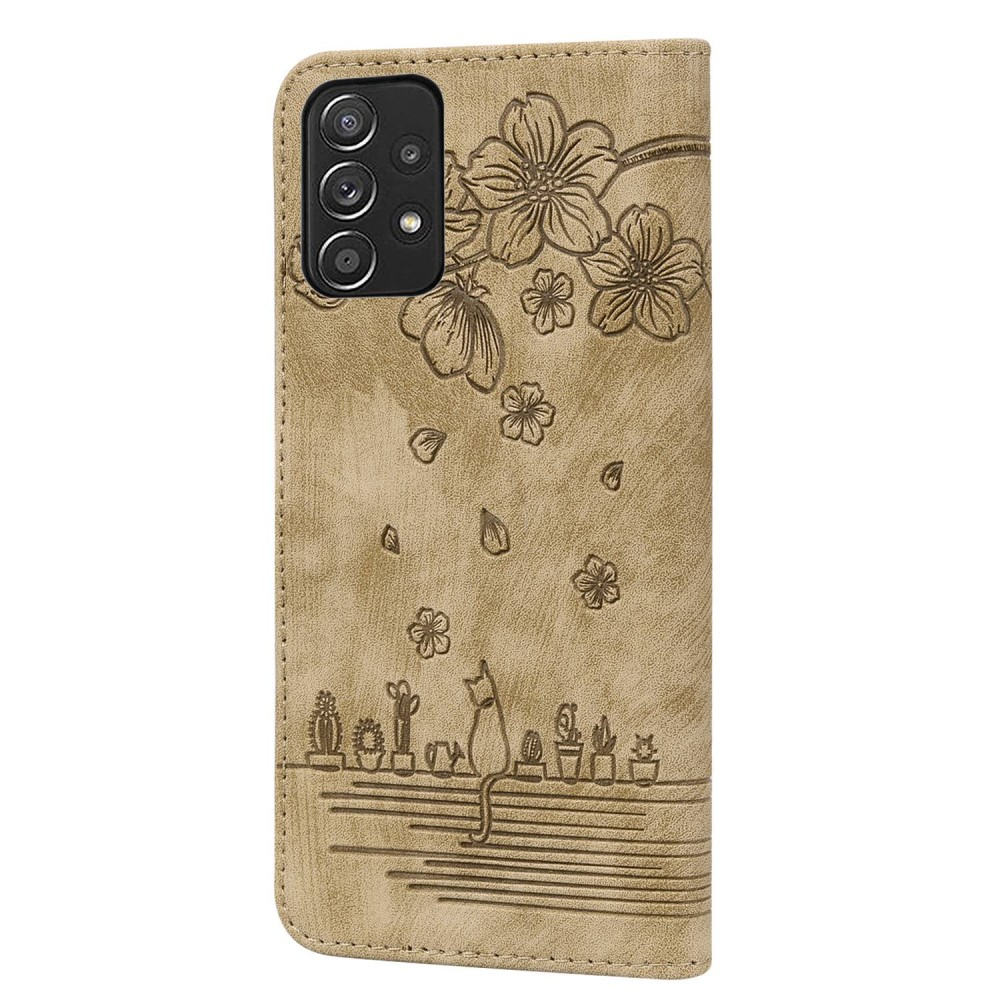 Samsung Galaxy A53 5G Leder Tasche Flip Cover Katze & Blumen Imprint - Braun
