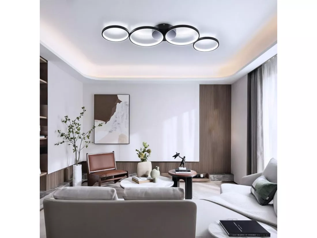 NETTLIFE Plafonnier LED moderne à intensité variable, noir, 88cm, 55 W, avec télécommande, Dimmable 4 Lampes 55W, Design Moderne