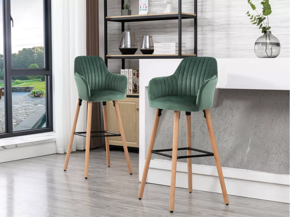 Tabouret de bar en velours et pieds bois de hêtre - Vert foncé - ELEANA