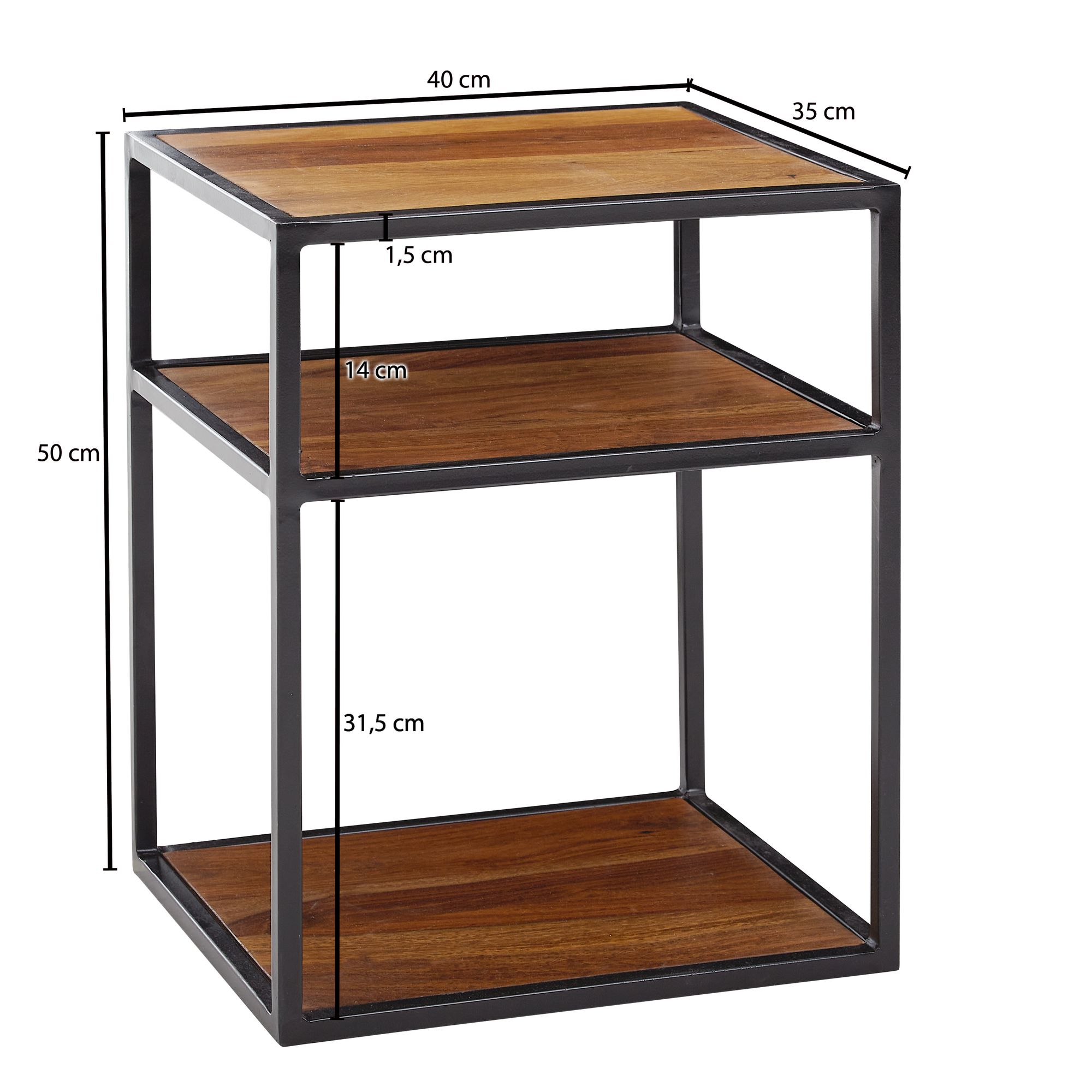 KADIMA DESIGN Massiver Sheesham-Holz Nachttisch, Industrie-Stil, 3 Ablagen, 40x50x35 cm