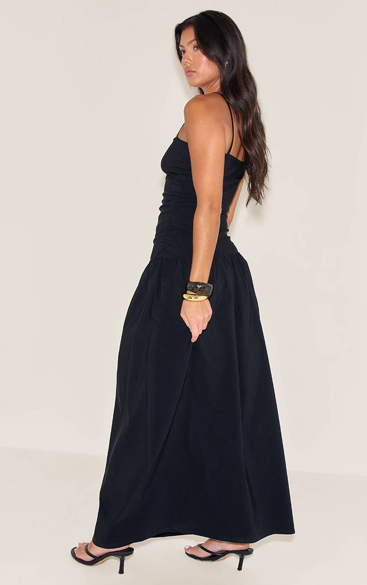 Noir Robe Longue Froncée À Bretelles En Tissu Extensible