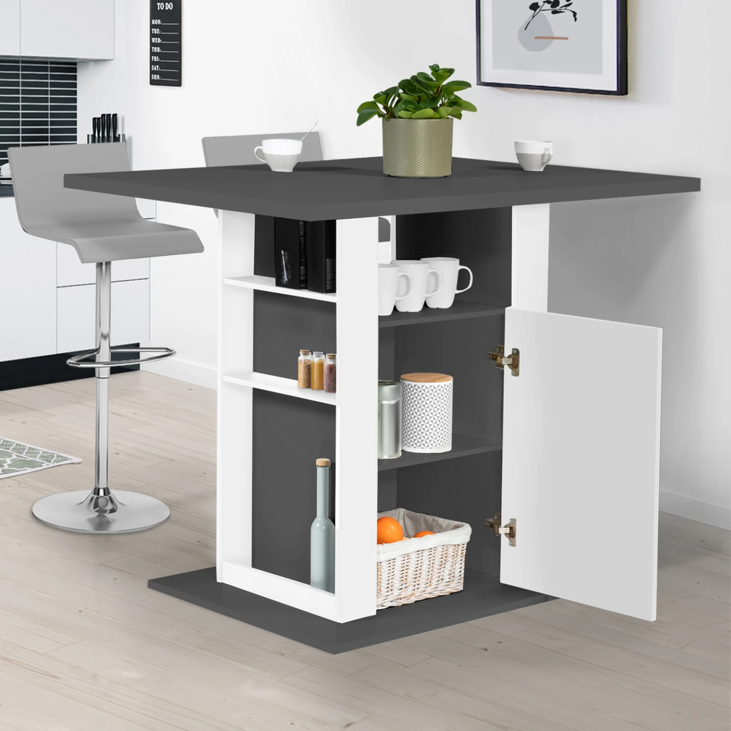 Ilot central UGO 110 cm plateau bois gris et blanc avec rangements