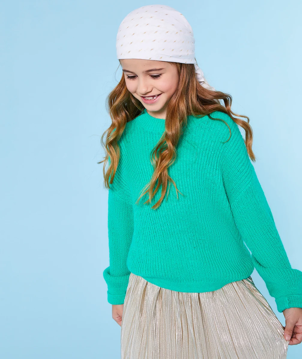 PULL LARGE FILLE EN TRICOT VERT À MANCHES LONGUES