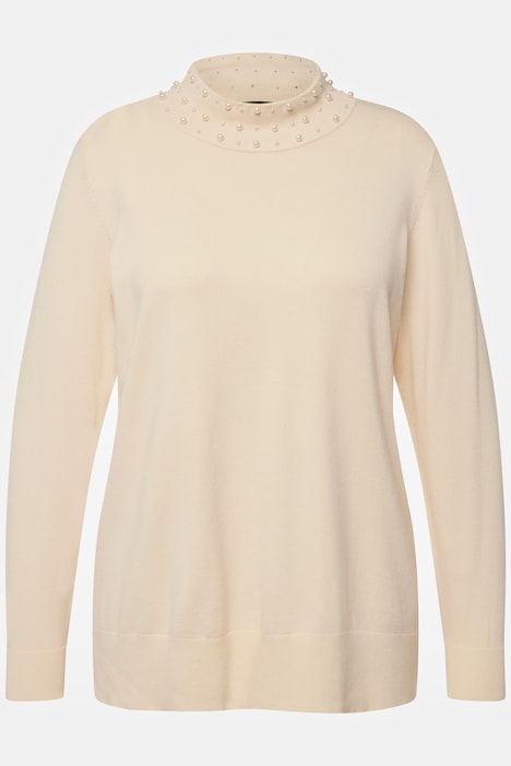 Pullover, Perlen, Stehkragen, Langarm, weicher Feinstrick