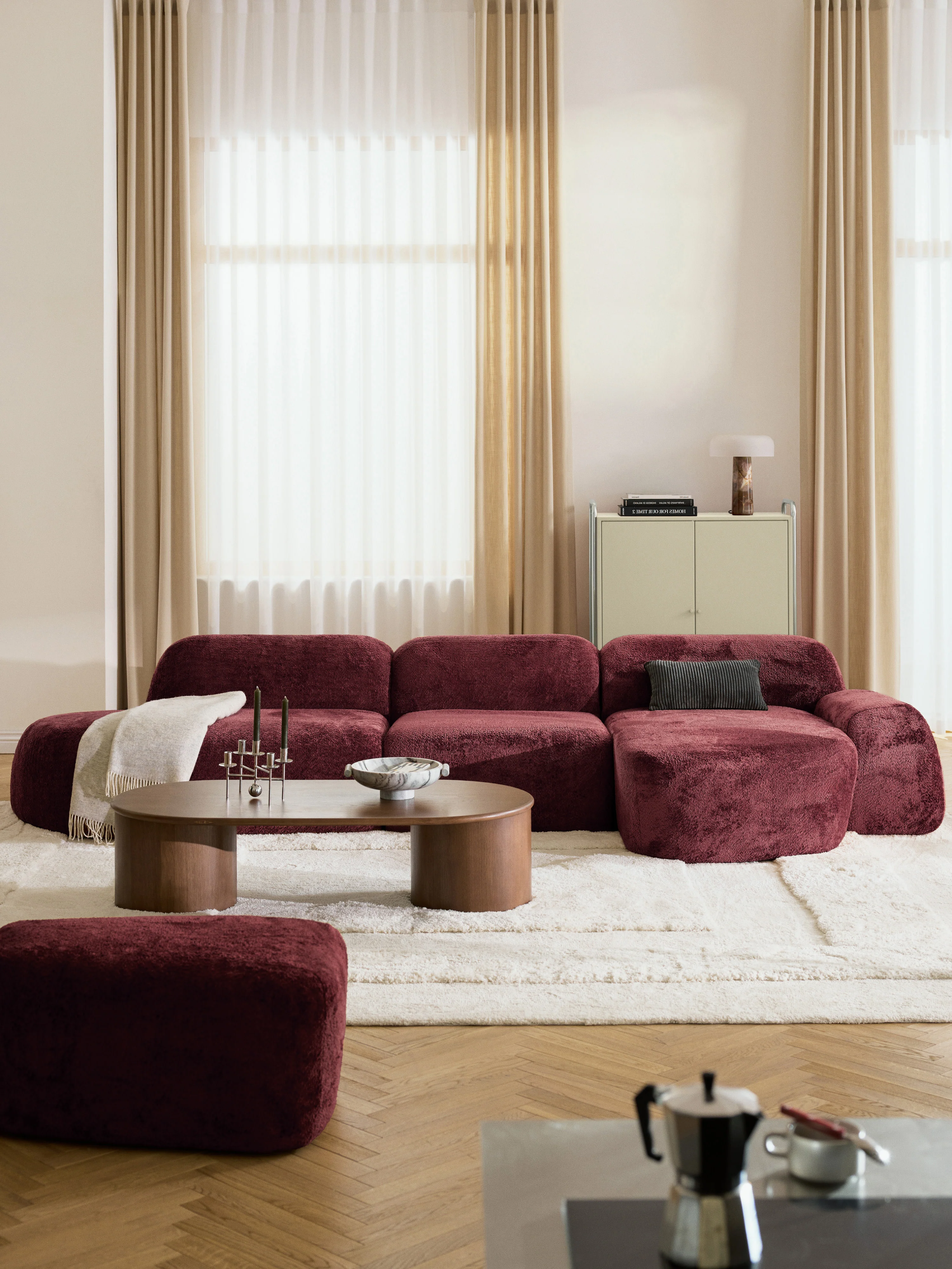 Modulaire teddy-bouclé hoekbank Wolke (4-zits) met chaise longue
