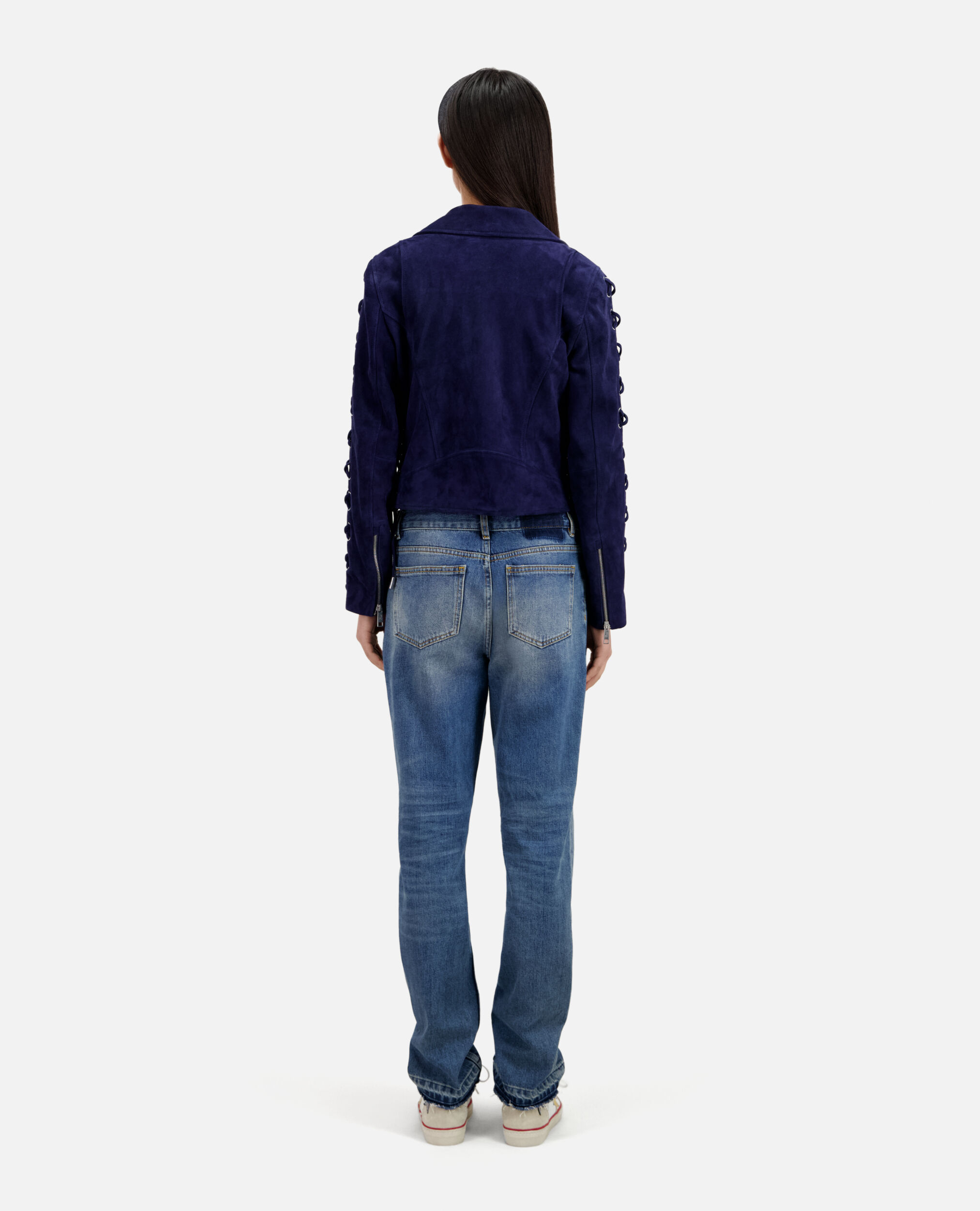 Navy blue suede leather biker jacket