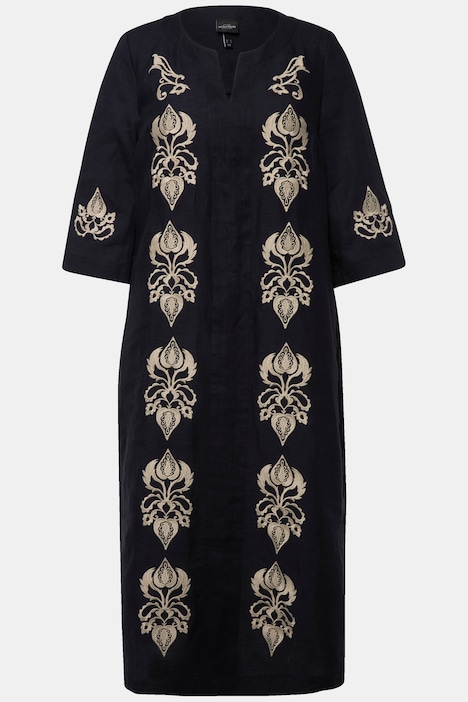 Leinen-Maxikleid, Stickerei, Tunika-Ausschnitt, 3/4-Arm