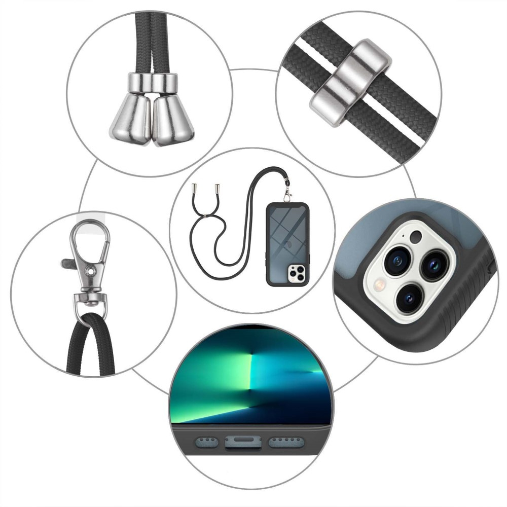 iPhone 15 Pro Max Hybrid Hülle Shock Proof   Necklace Handykette (130cm) - Schwarz