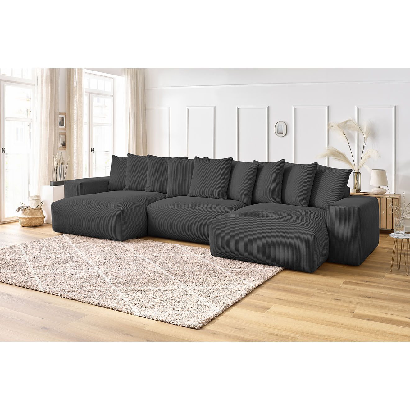 Bobochic Canapé panoramique fixe ultra moelleux voltaire velours côtelé gris foncé - 420x174x75 cm