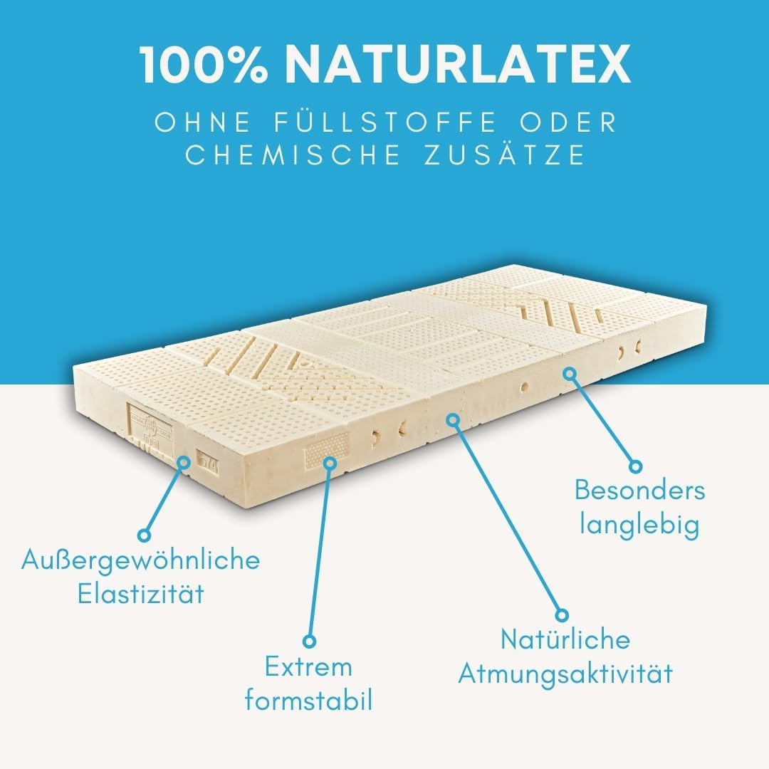 Natura Latexmatratze | 7-Zonen Matratze aus 100% Naturlatex | Härtegrad H3 ab 80 kg mittelhart | Höhe 17 cm | Öko-Tex Zertifiziert | Made in Germany