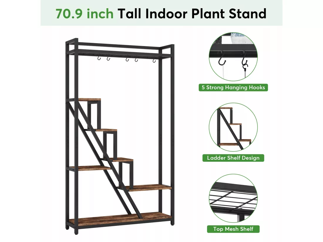 Support pour plantes d'intérieur à 7 niveaux,Grande étagère en métal de 180 cm avec 10 crochets de suspension en S, Marron