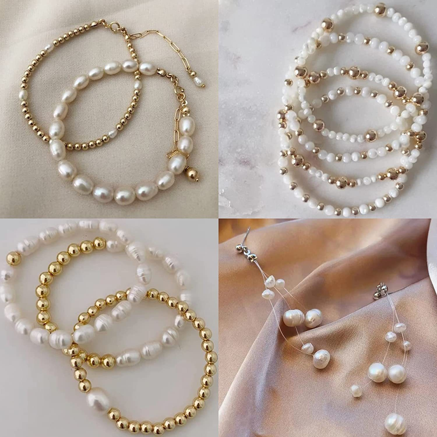 (720-tlg. Set) Perlen DIY Bastel Schmuck Runde Zwischenperle in Perlmutt Optik für Armband / Kette - Gold / Weiss