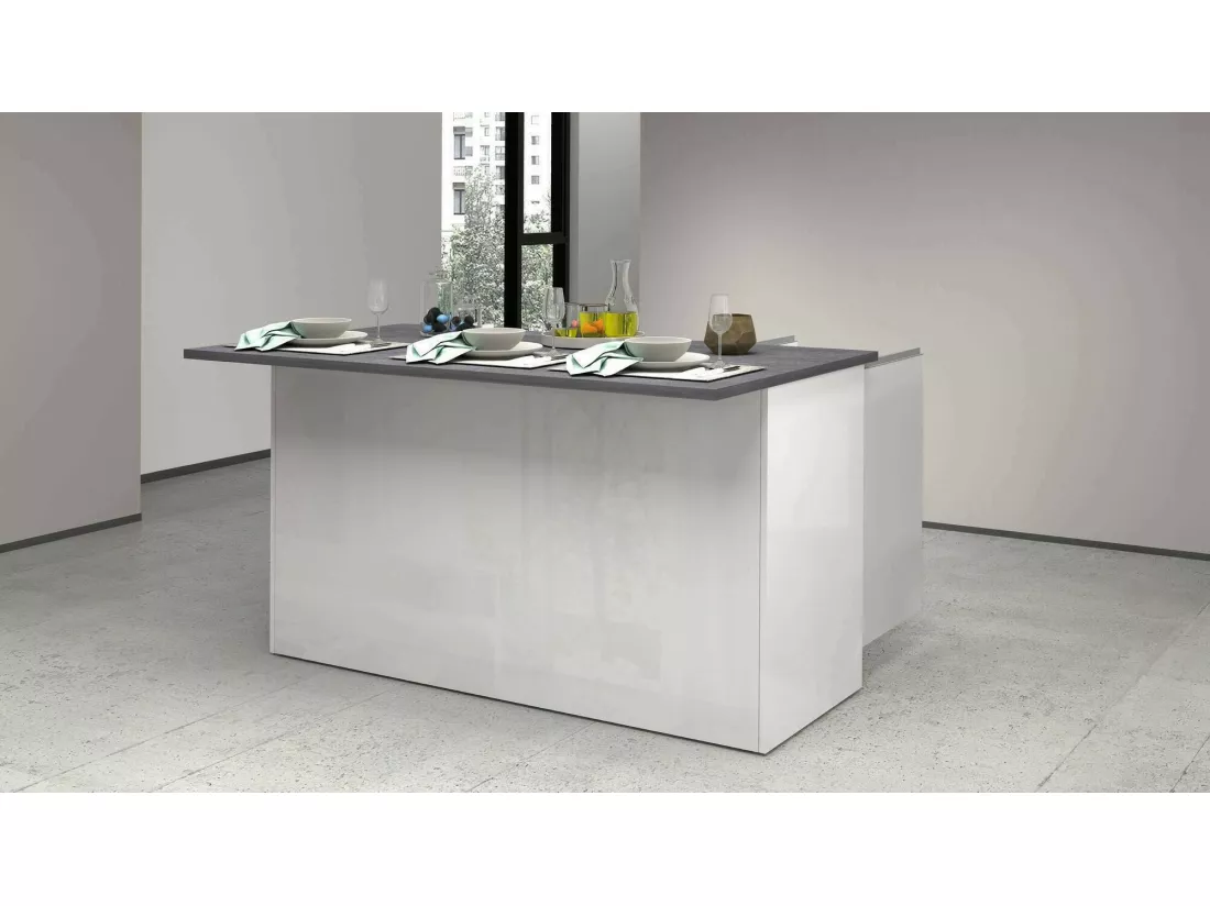 Îlot de cuisine Dcarnelo, Armoire polyvalente, Meuble de kitchenette, Table auxiliaire, 100% Made in Italy, 155x90h90 cm, Blanc brillant et ardoise
