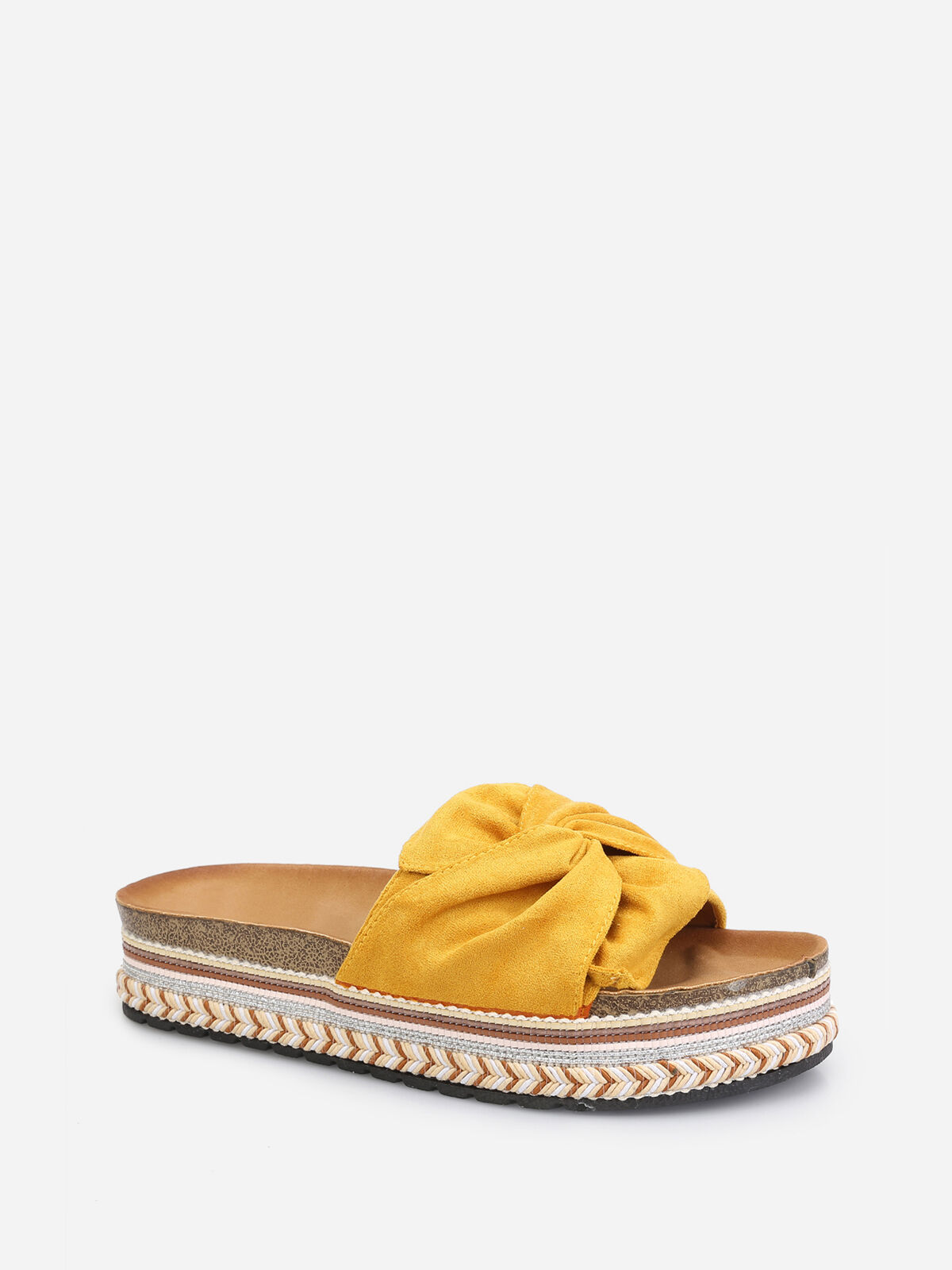 Mules suédine à plateforme motif ethnique- Jaune