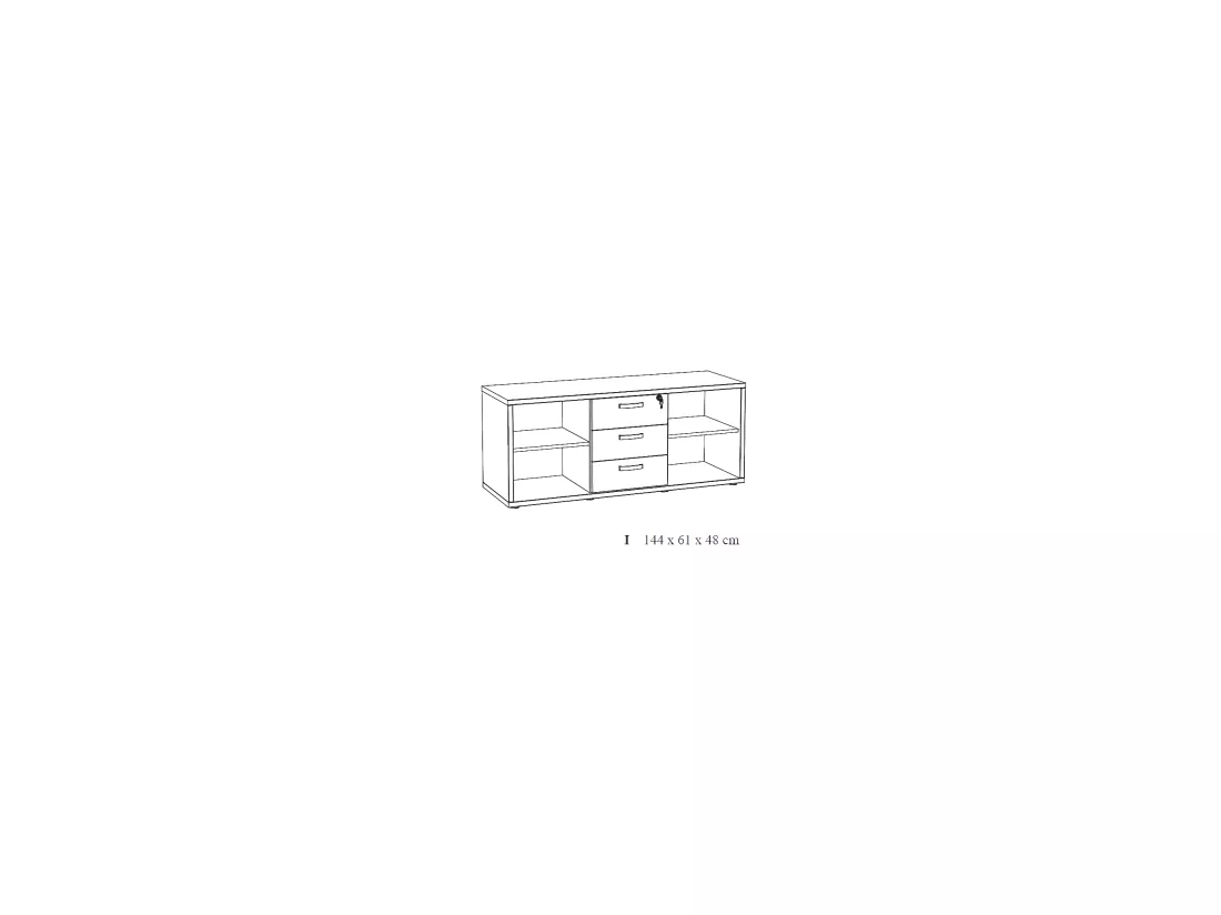 Buffet bas de rangement pour bureau 4 niches et 3 tiroirs coloris chêne doré collection DEPÉ