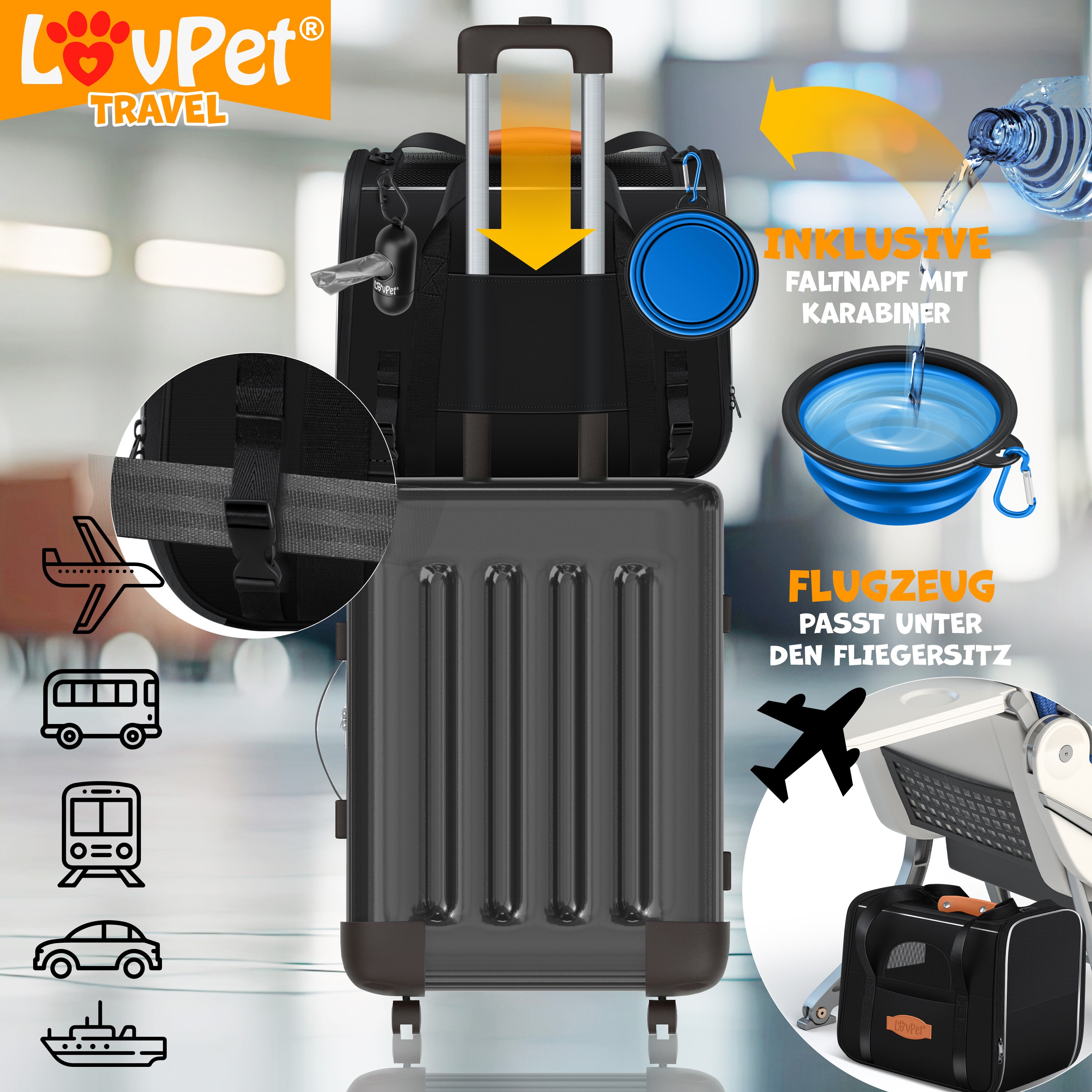 LOVPET® Hundebox Hundetasche Transportbox 2in1 Hunde & Katzentasche Hundetransportbox inkl. Pet-Kissen + 3x Beutelrollen + Napf 44x31x36xm Transporttasche für Haustiere, Haustiertransportbox