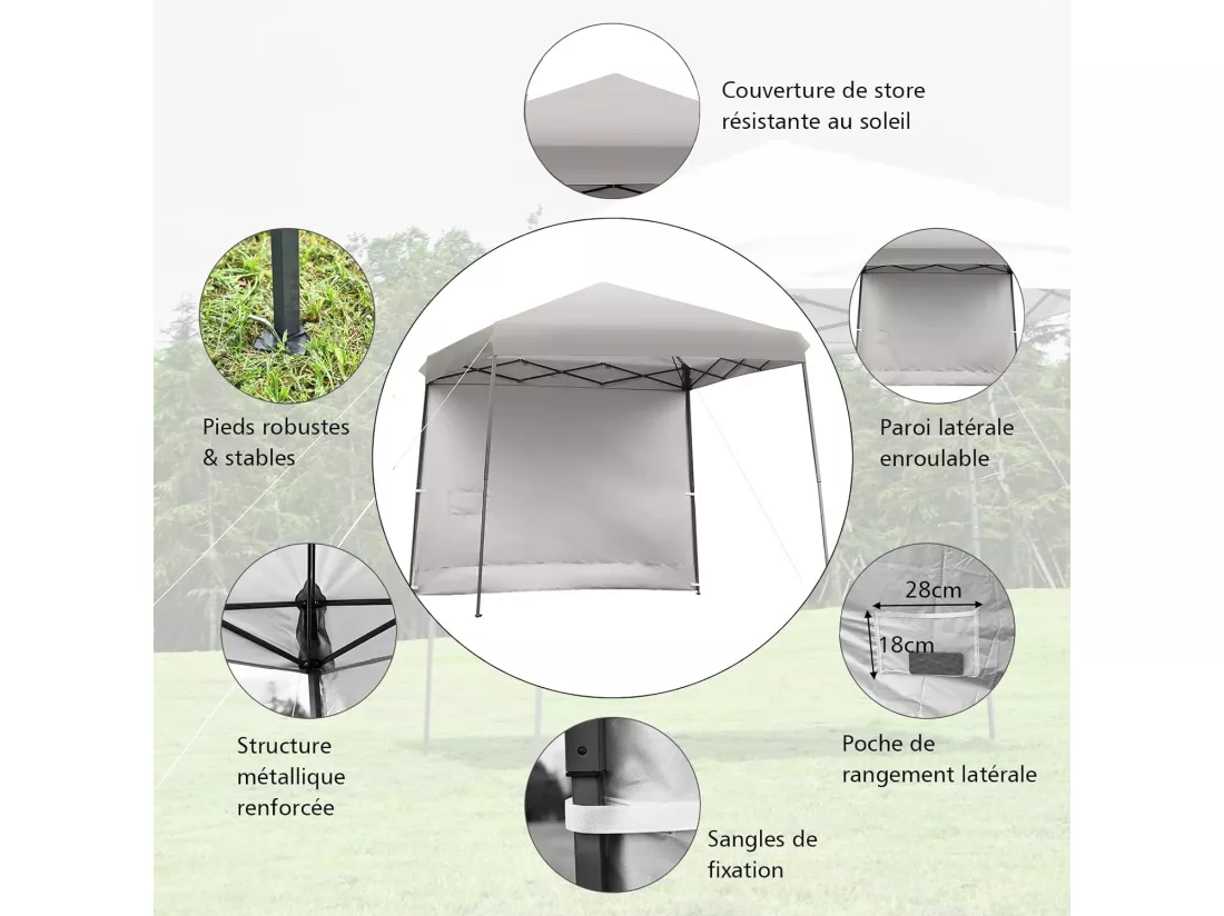 Tonnelle de Jardin 3x3m Pliable-Hauteur Réglable avec Parois Latérales Amovibles et Sac à Dos à roulettes- Auvent pour CamBoisg, Festival, Plage,Gris