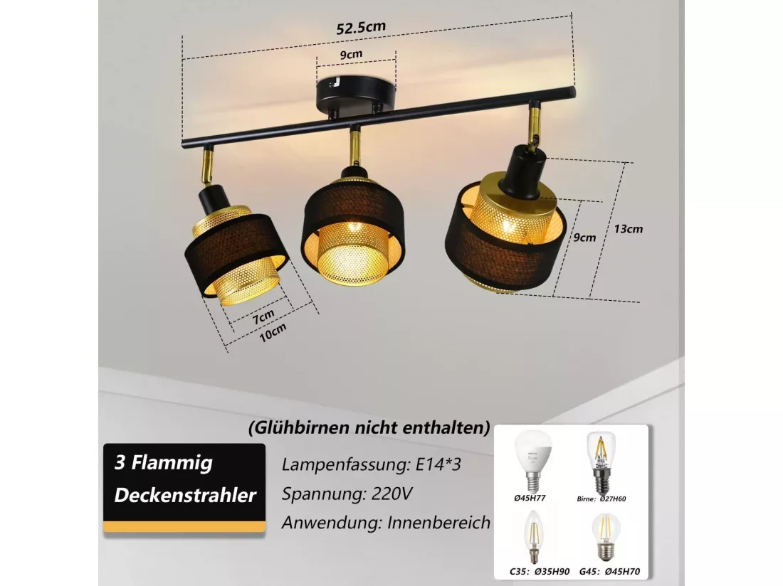 NETTLIFE 3 spots plafonnier E14 noir vintage avec flamme rétro chambre en métal doré orientables industriel pour cuisine couloir salle à manger