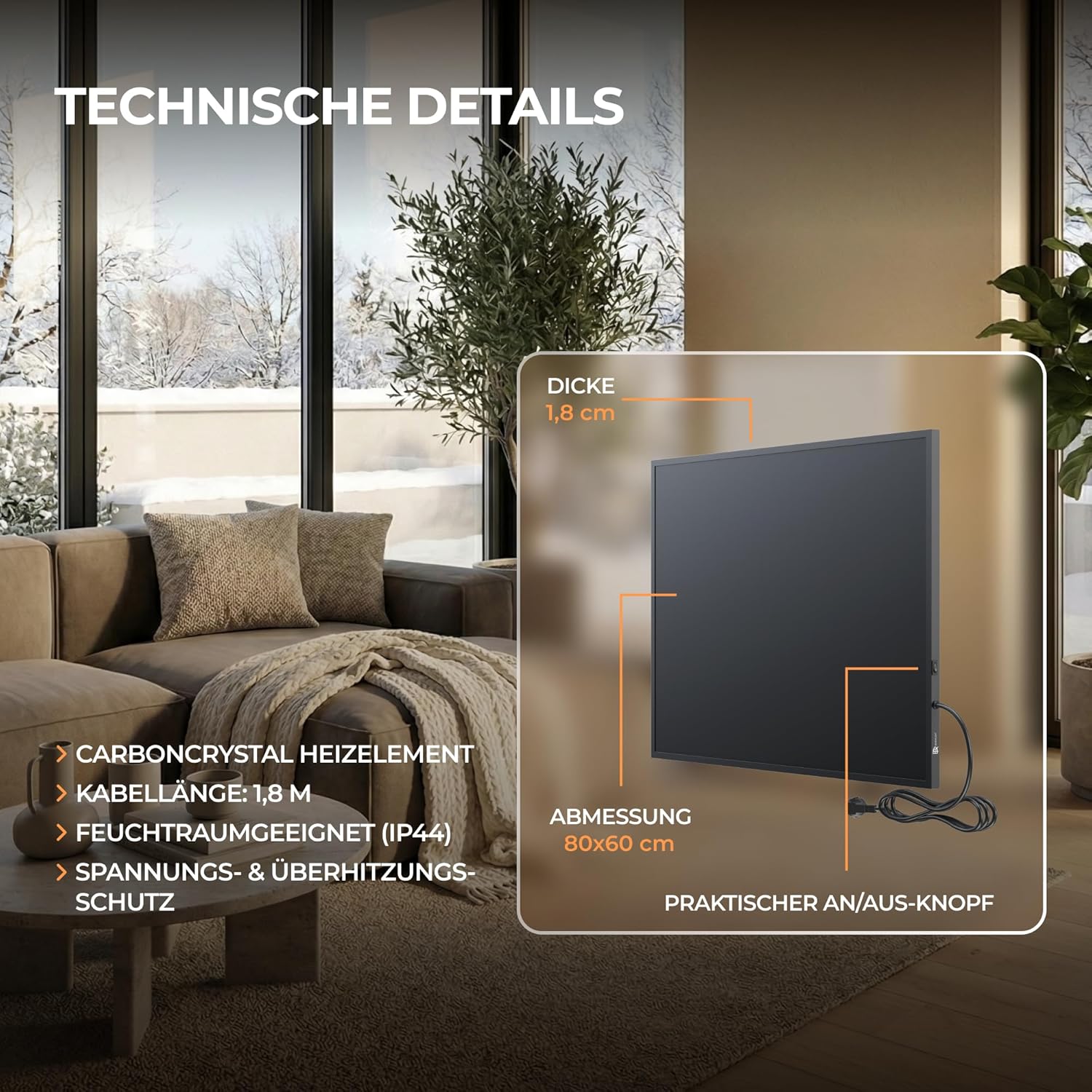 BR Bringer Infrarotheizung 450 Watt - mit Steck-Thermostat - Infrarot Elektroheizung Energiesparend - TÜV & GS - Deutsche Qualitätsmarke (schwarz)
