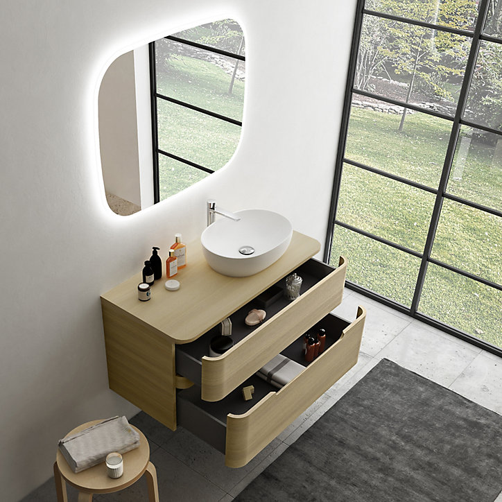 Ensemble de salle de bains L.104 cm meuble sous vasque version droite + plan de toilette décor chêne clair, Alba