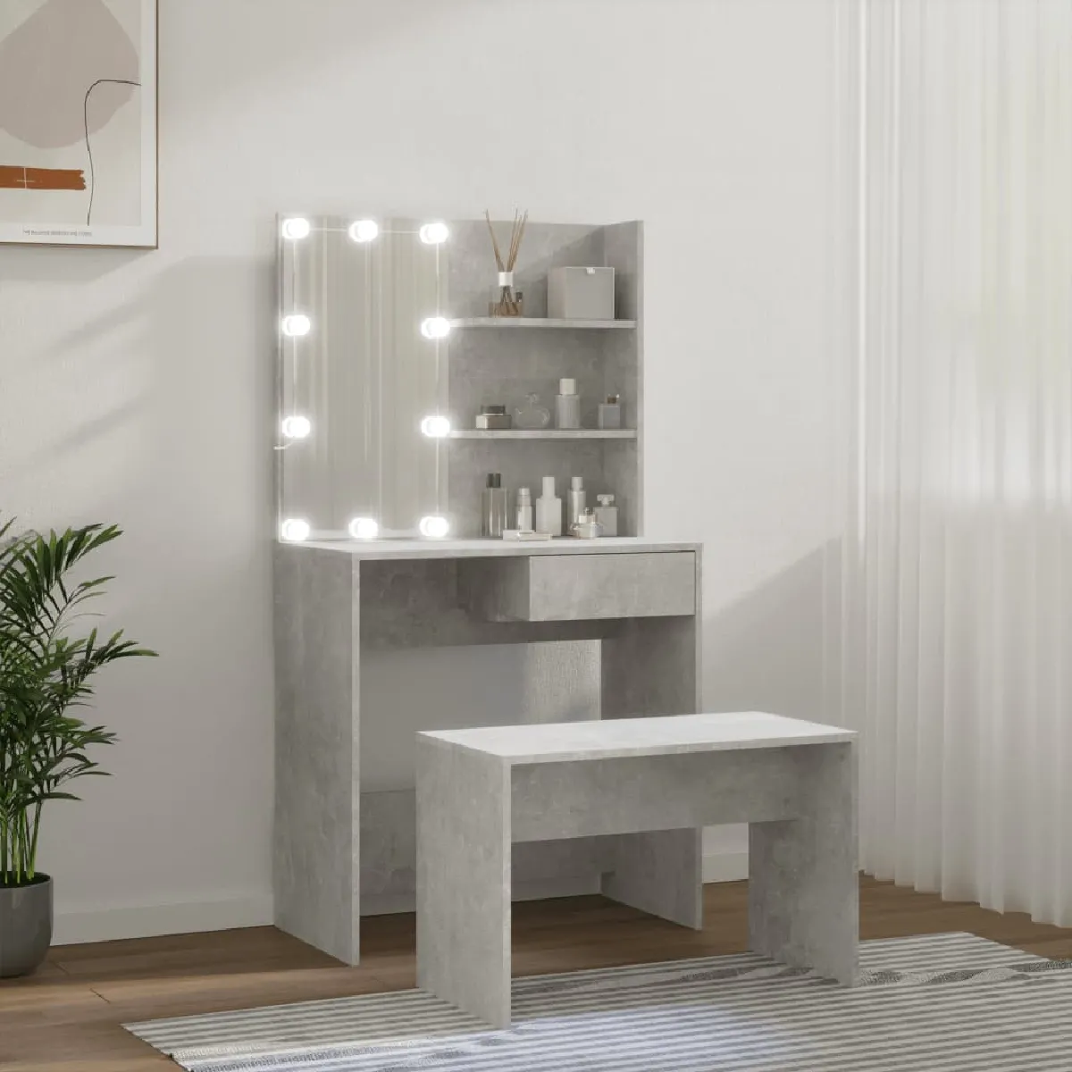 vidaXL Coiffeuse avec LED - Gris Béton