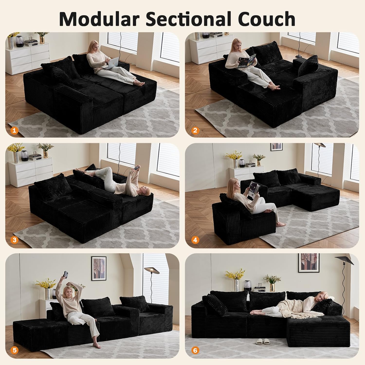 Vamcheer Ecksofa mit Schlaffunktion - Big Sofa Couch 3 Sitzer in L-Form, Modulares Boneless Schlafsofa als Wohnlandschaft, 274 x 102 cm, Schwarz