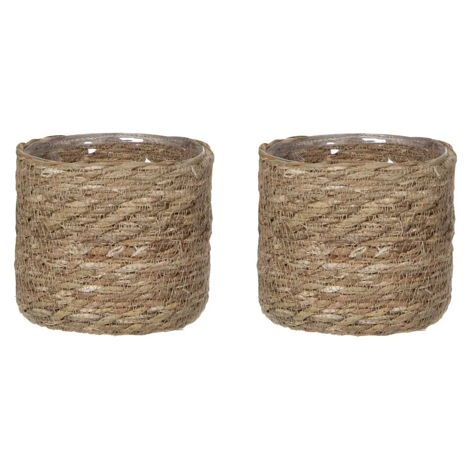 Mica Decorations Plantenmand - rotan - naturel met bruin - 14 cm