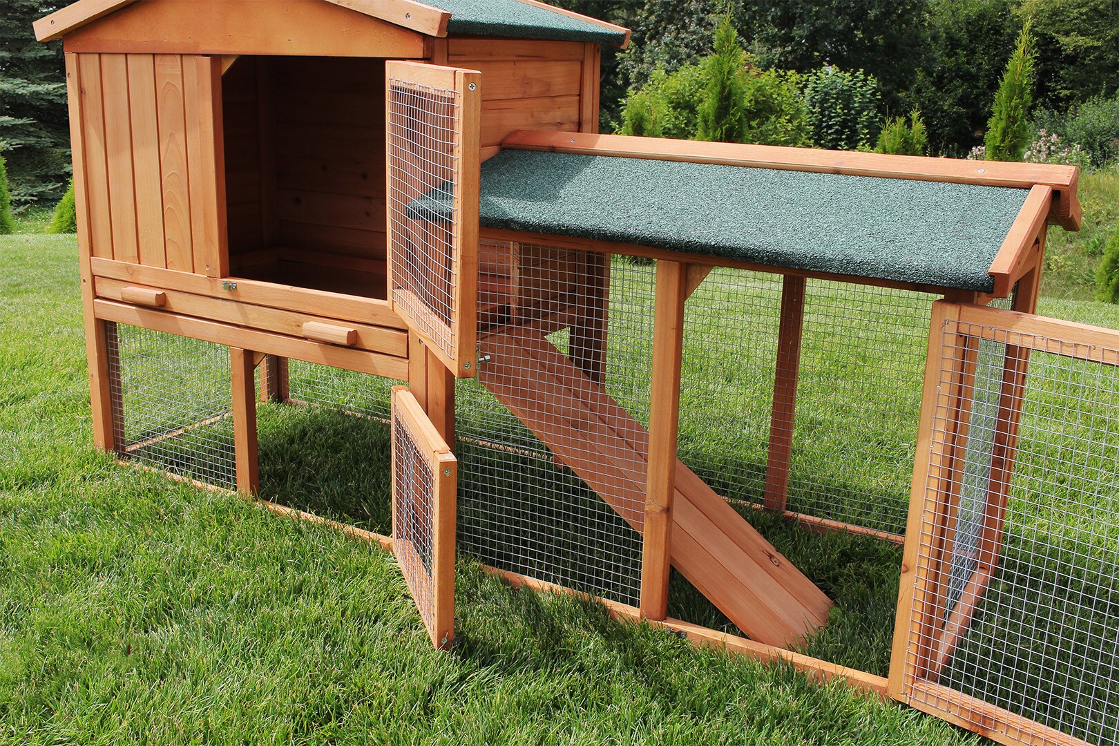 MyAnimal Hasenstall MH-03 Doppelstockhaus mit Garten, Freilauf, abnehmbares Dach, verzinkter Draht (Braun 2.0)