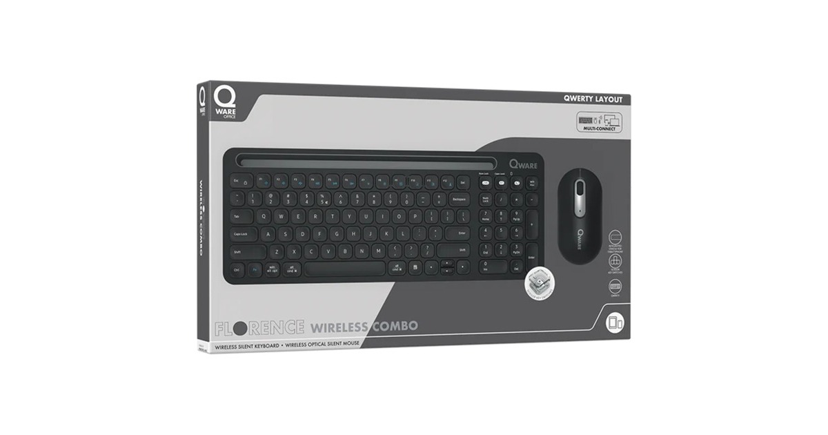 QwareFlorence Draadloze Combo, desktopset  (Zwart, EU lay-out (QWERTY), Scissor switches, 1200 DPI, TKL, 2,4 GHz USB | Bluetooth)