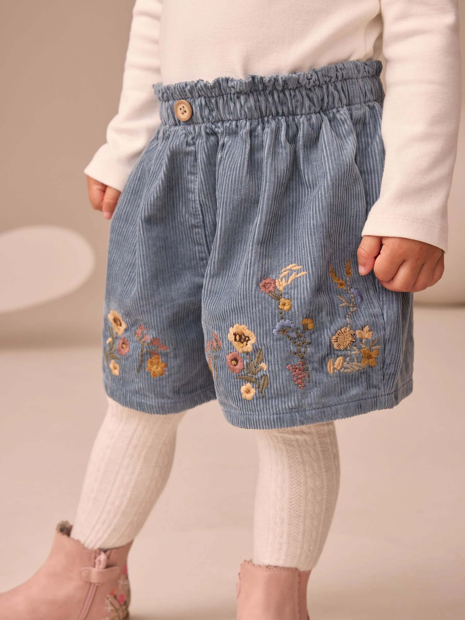 Marineblauw - Floral Embroidered Shorts with Tights (3mths-7yrs)