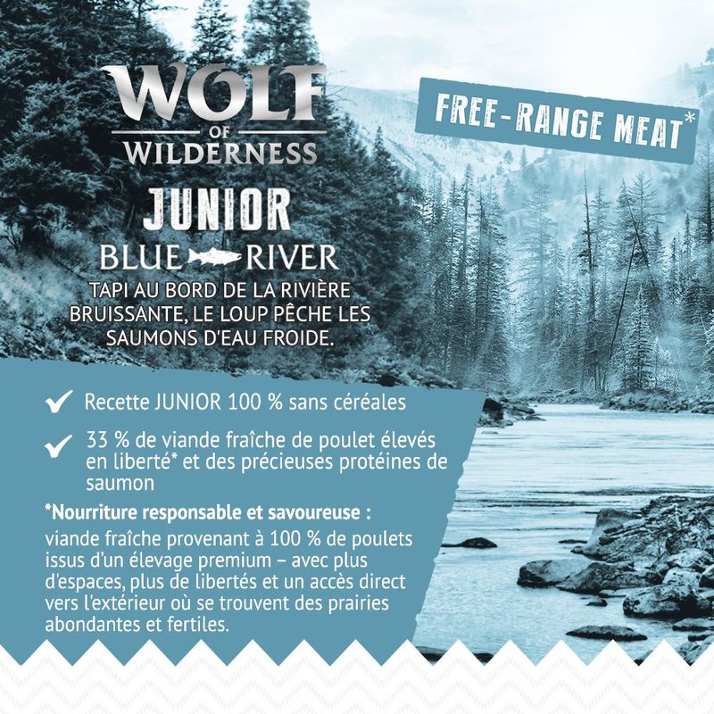 Wolf of Wilderness Junior Blue River poulet élevé en liberté, saumon