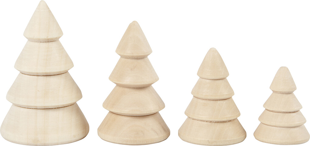 Juletræer I Træ - Julepynt - H 3,3+4,3+5,3+6,3 CM - 4 Stk