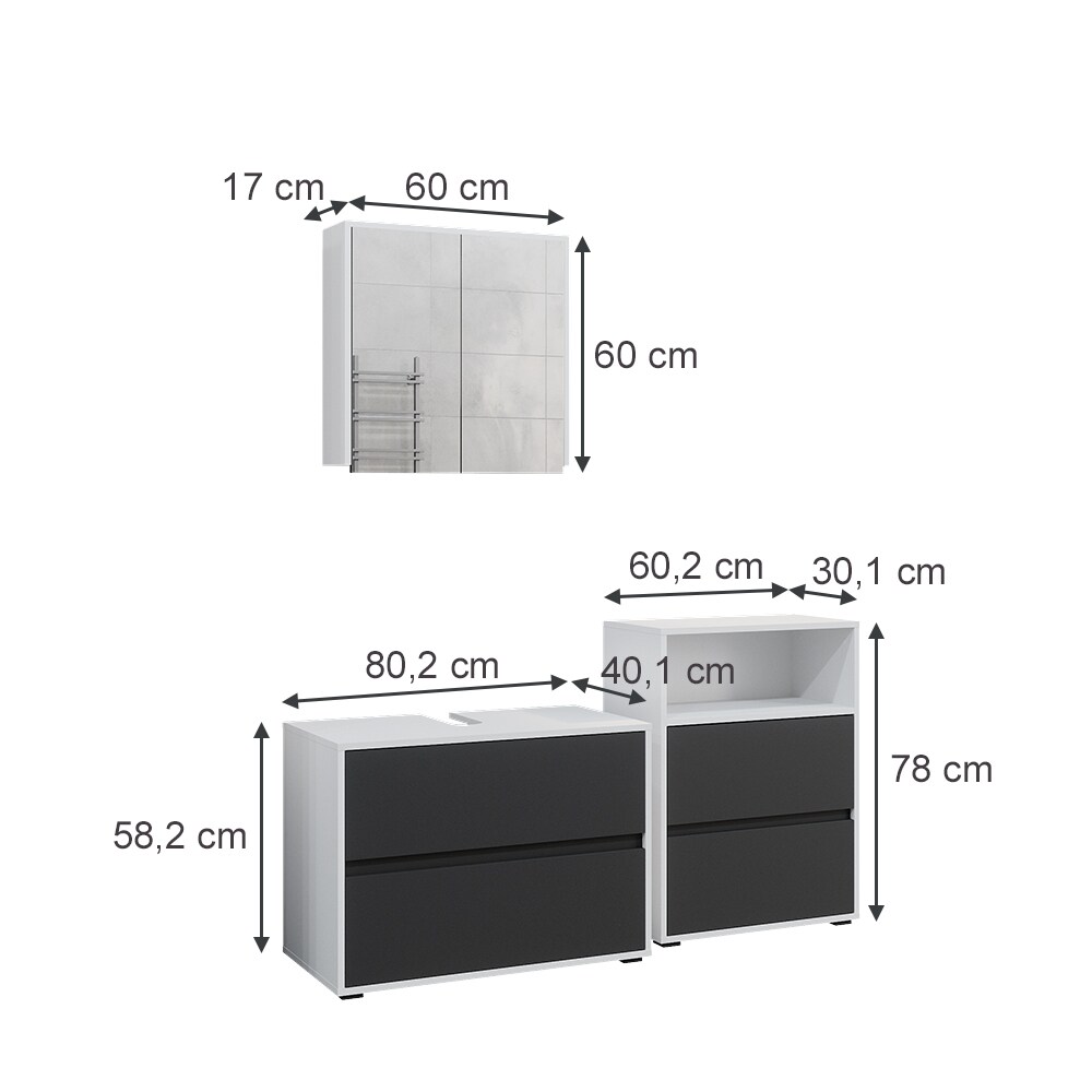 Badmöbel-Set Maltin Weiß Anthrazit modern Waschtischunterschrank Spiegelschrank Midischrank