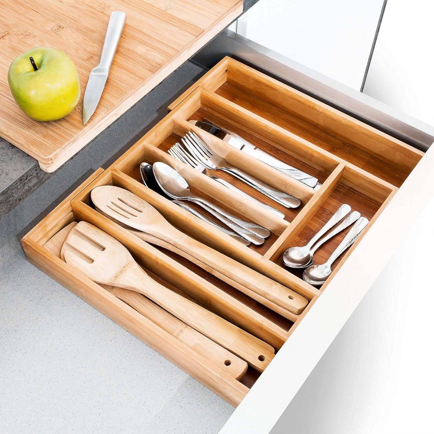 (26-40cm) Bambus 7-fach Universal Besteck Kasten Ausziehbarer Schubladeneinsatz Küchen Organizer - Braun