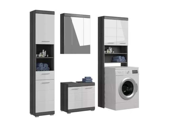 Ensemble salle de bain SCOTT – Meuble sous vasque, colonne, rangement miroir et meuble machine à laver – Gris foncé et blanc
