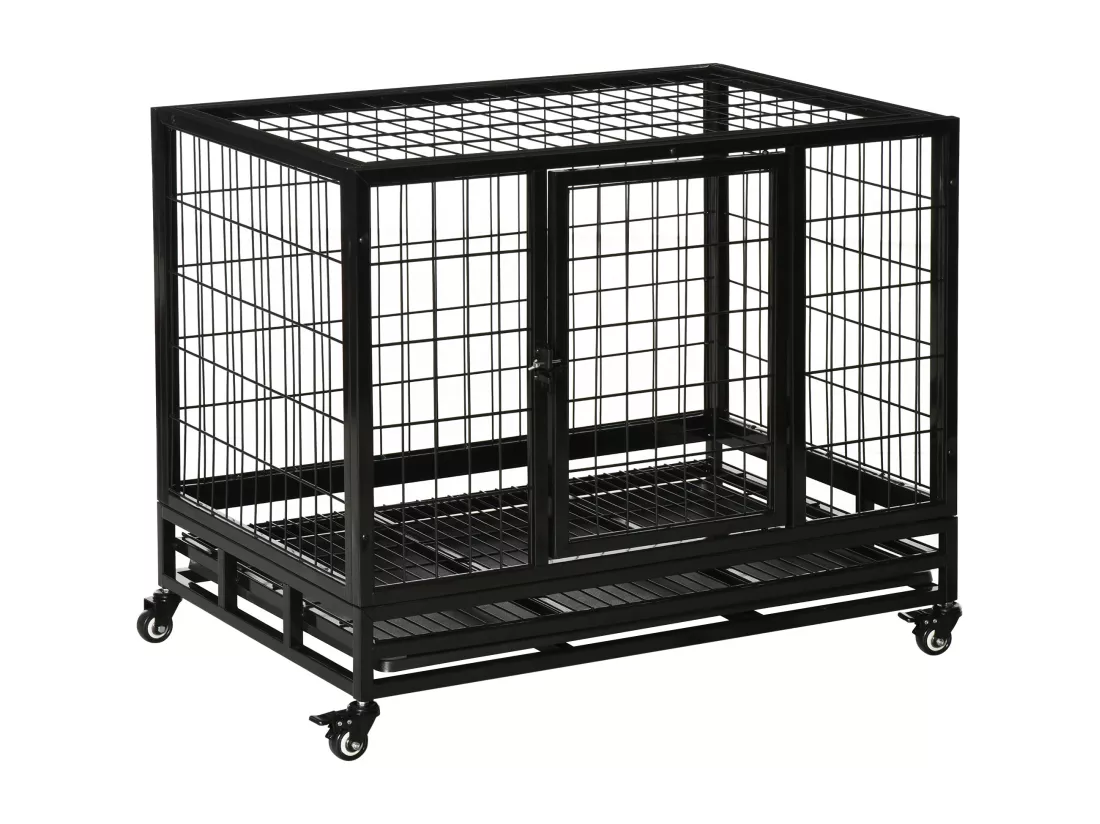 Cage pour chien animaux cage de transport sur roulettes 2 portes noir