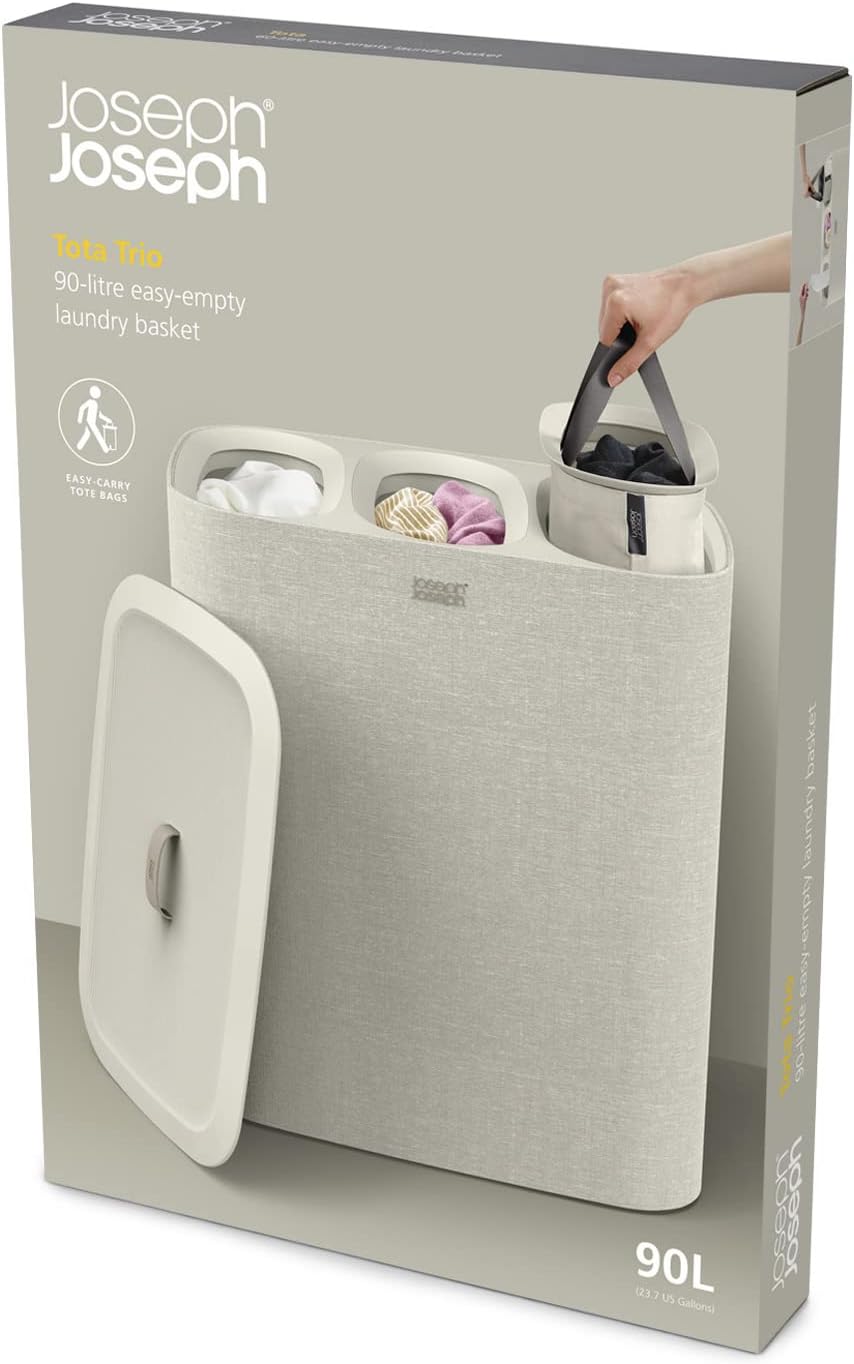 Joseph Joseph Tota - Trio 90-Liter-Wäschesortierkorb mit Deckel, 3 herausnehmbare Wäschesäcke mit Griffen, Ecru Beige
