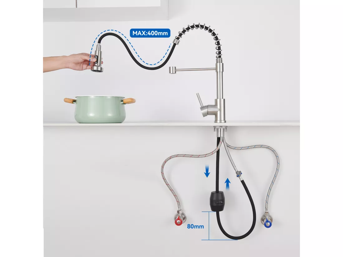 Mitigeur de Cuisine Brossé AuraLum Max pivotant 360° avec Tête Pulvérisation Rétractable,Robinet Cuisine à ressort,Inoxydable,Double Mode,EU Modèle